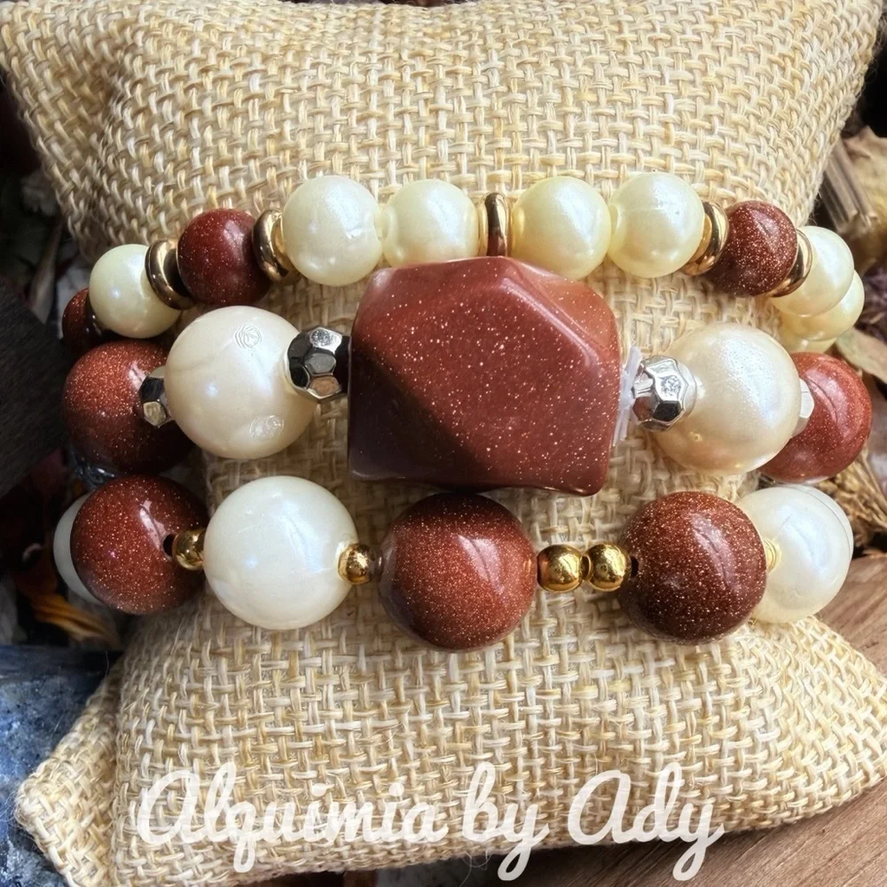 Bold and chunky Silver and Brown sunstone Beaded Bracelet